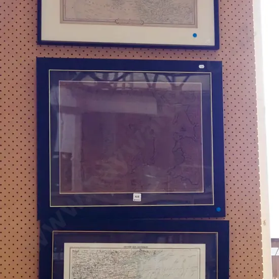 3x framed maps - 1 is very dark - blue dots