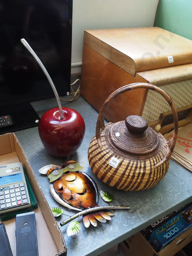 metal owl art work, alloy cherry, cane lidded basket Image 1++