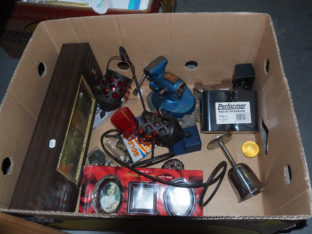 box; hobby vice, batteries, hole punch, mantle clock etc Image 1++