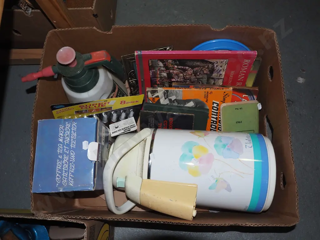 box; push top thermos, garden sprayer, various books etc Image 1++