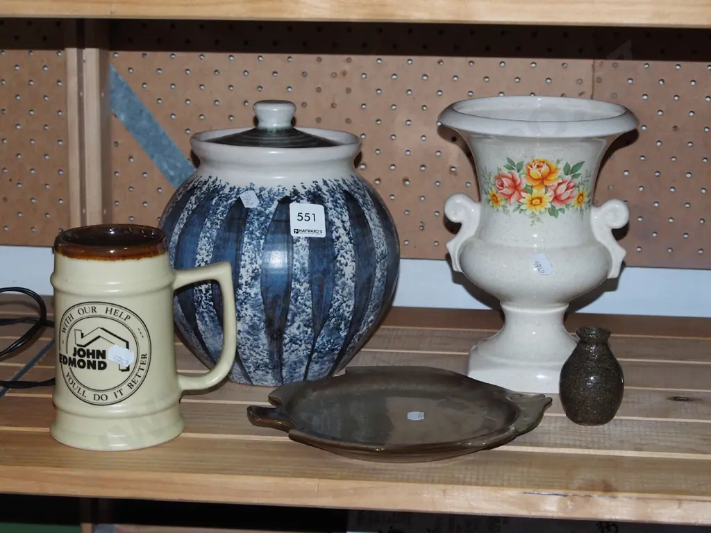 Temuka fish plate, vases, beer stein, lidded Hanmer Pottery canister Image 1++