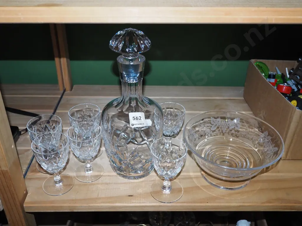 decanter, glasses, etched bowl Image 1++