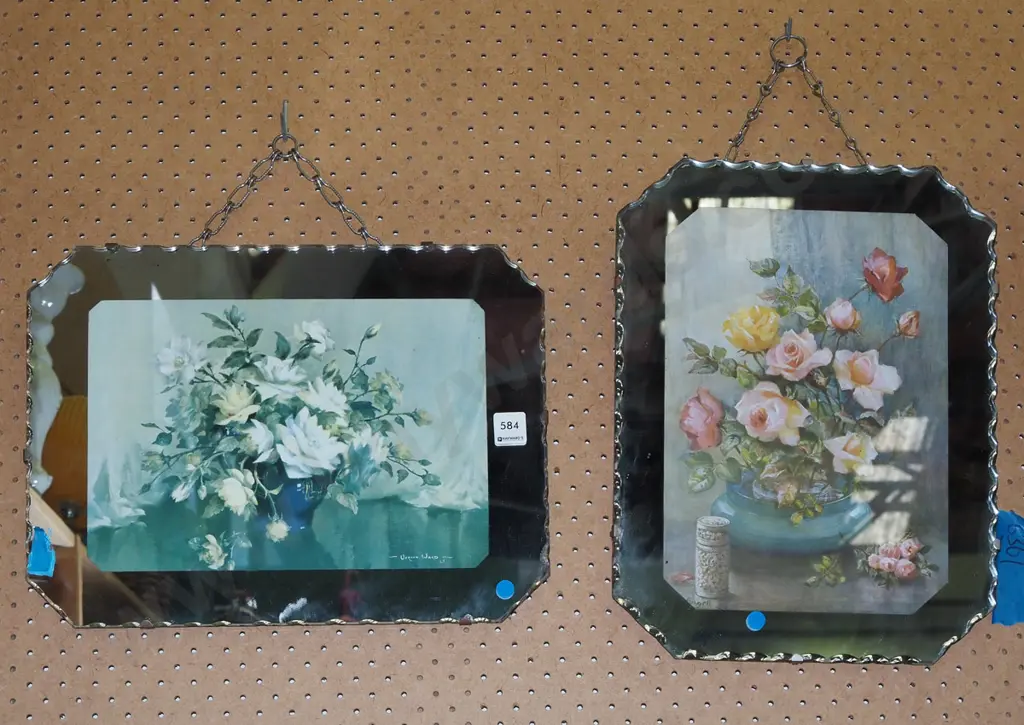 2x mirror framed prints - flowers - blue dots Image 1++