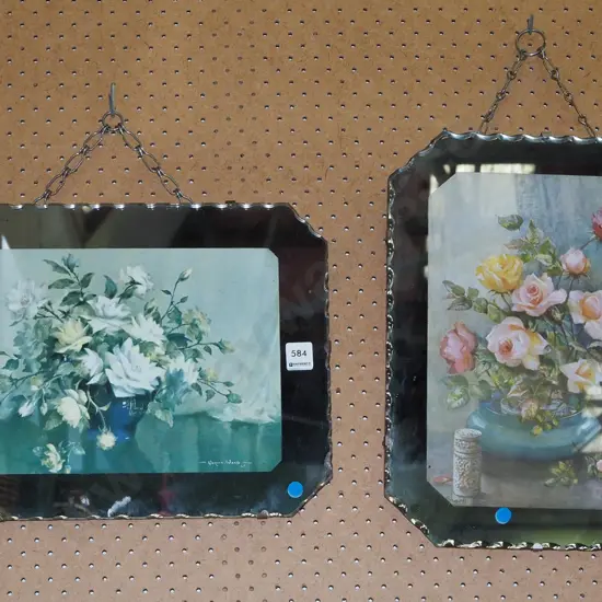 2x mirror framed prints - flowers - blue dots