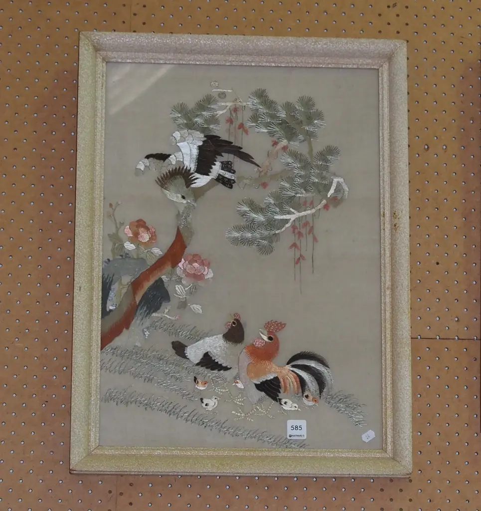 framed Asian needlework on silk - birds and tree Image 1++