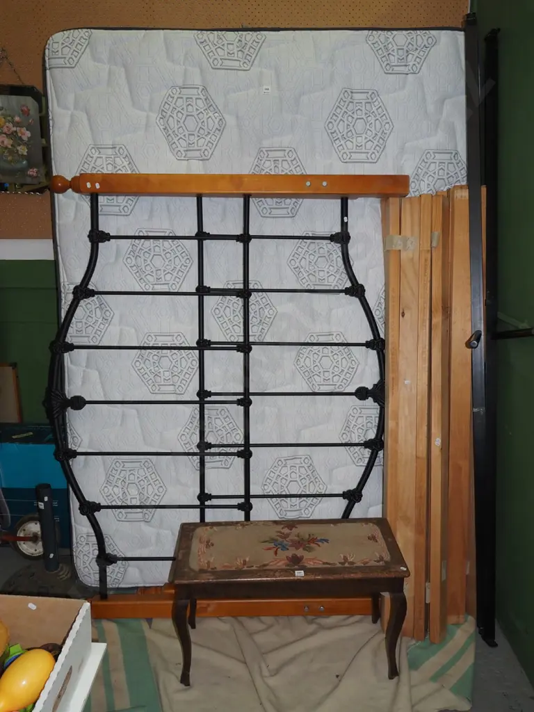 queen bed base and mattress with cast brass and wood head and foot boards Image 1++