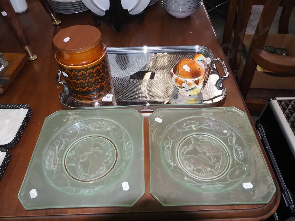 2x green depression glass fish plates, plated gallery tray, turkey condiment set, Hornsea canister Image 1++