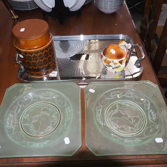 2x green depression glass fish plates, plated gallery tray, turkey condiment set, Hornsea canister
