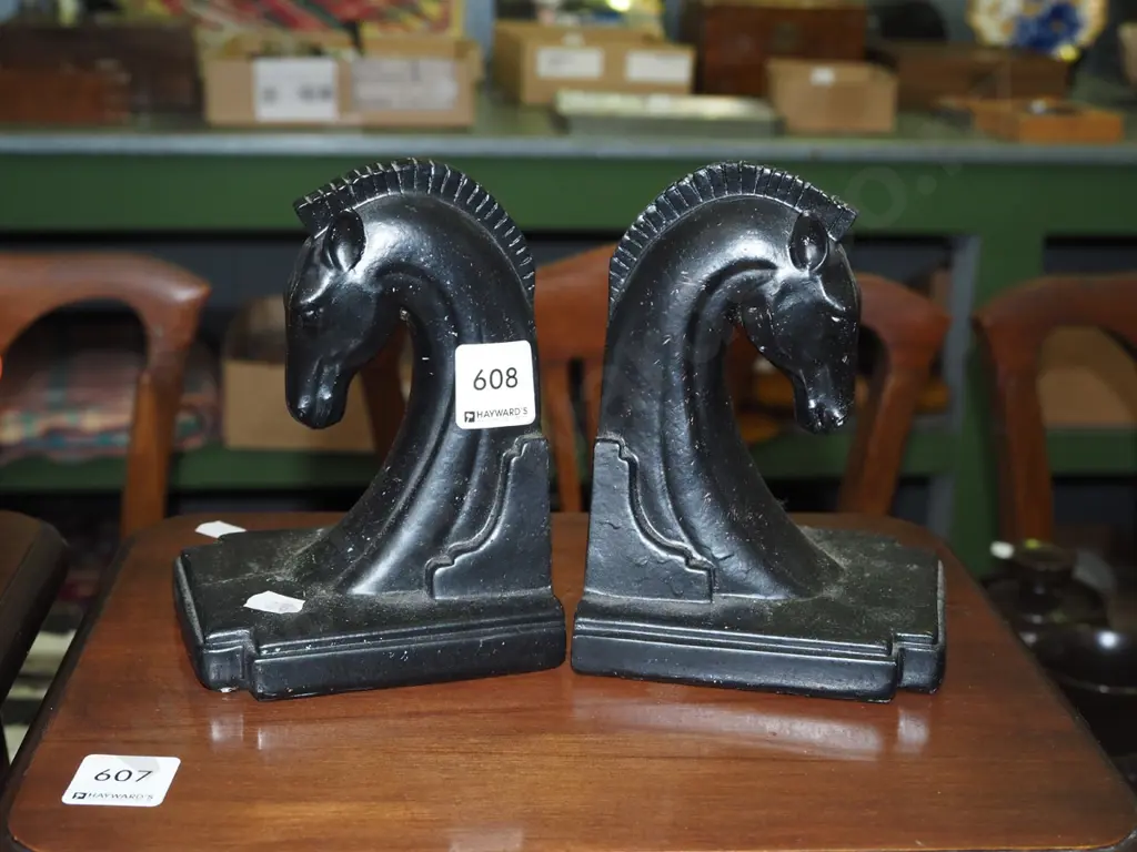 pair of ebonised wood, classical horse themed book ends Image 1++