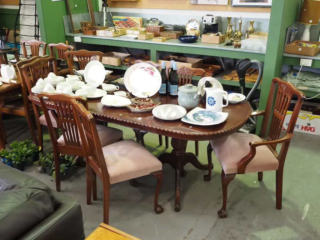 mahogany extending twin pedestal rope edged dining table with 6 matching  Image 1++