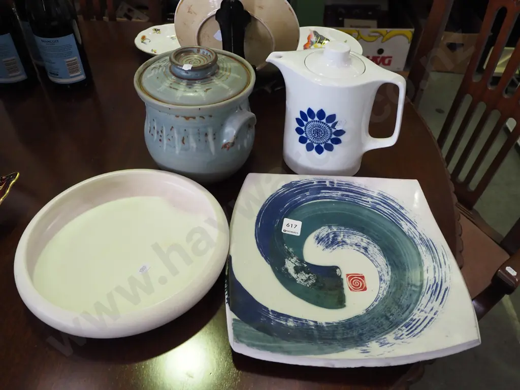 float bowl, studio pottery casserole, coffee pot, square slab dish Image 1++