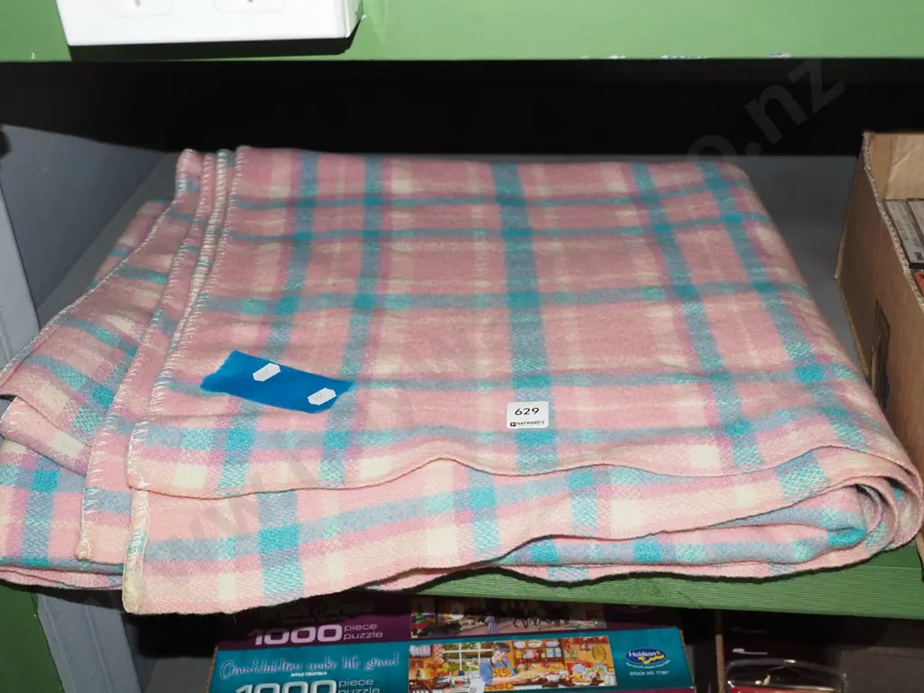 pink and blue checked woollen blanket Image 1++