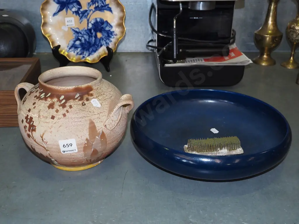 bisque glazed deco double handled vase, blue ceramic float bowl with flower frog glued on Image 1++