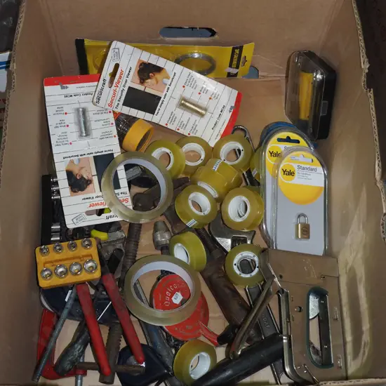 box; tools, sellotape, padlocks etc