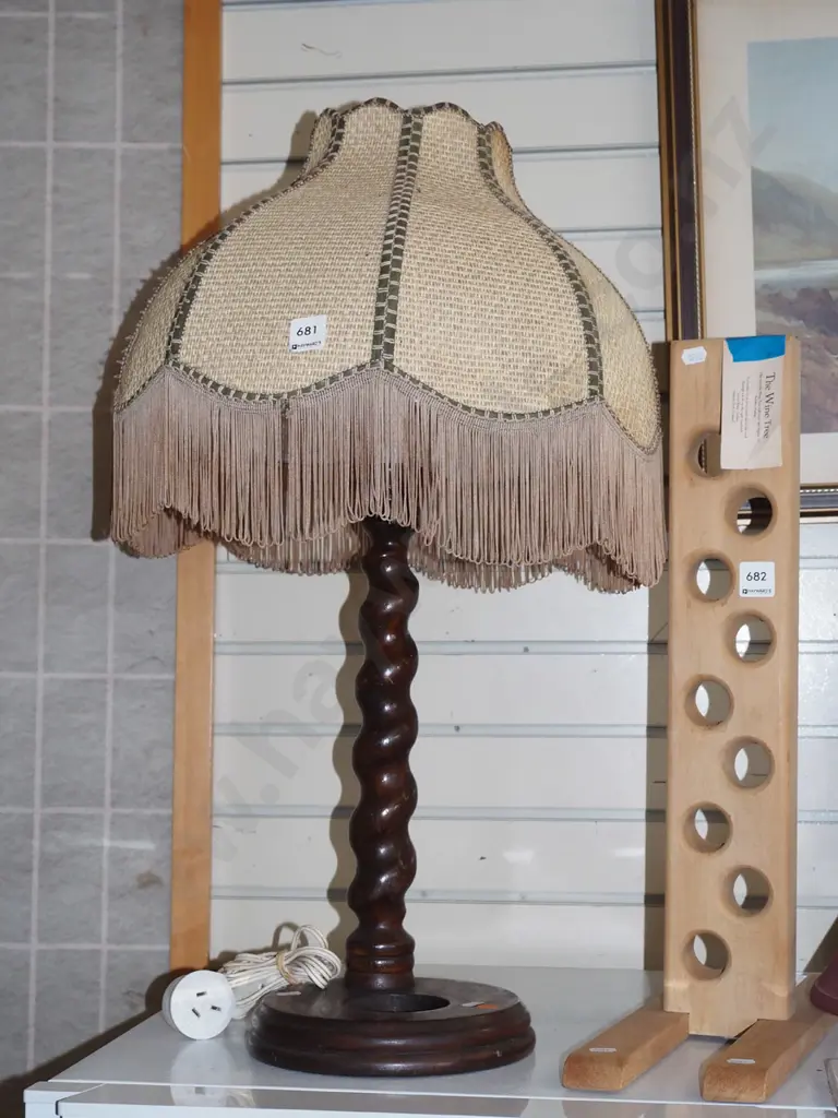 wooden barley twist table lamp with shade - missing figurine H-660 Image 1++