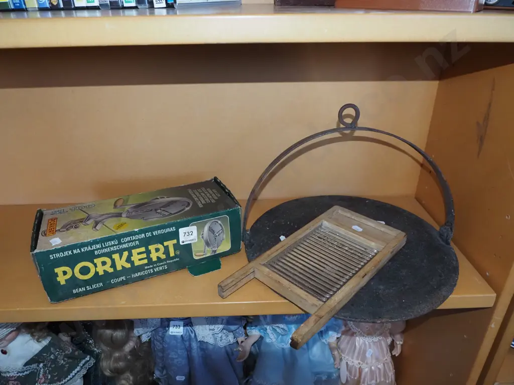 miniature wash board, bean slicer, cast iron skillet Image 1++