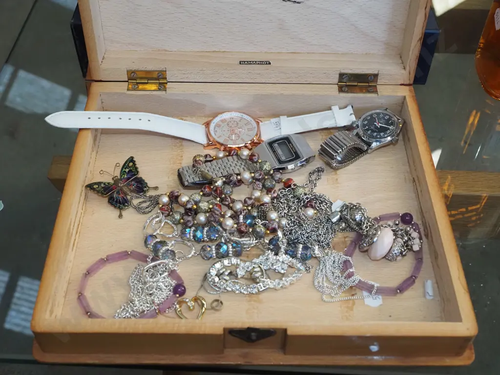 wooden book themed box and costume jewellery, watches etc Image 1++