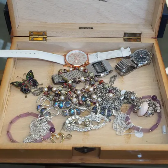 wooden book themed box and costume jewellery, watches etc