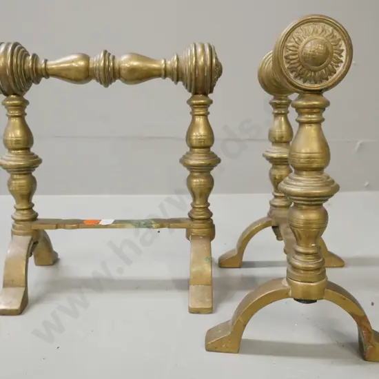 vintage brass fire implement stands. Turned uprights, sun motif to ends. Some corrosion. H-210 W-190