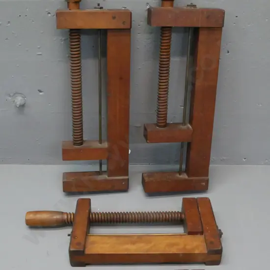 4x wooden clamps, graduated sizes, w/ brass guide rail and threaded wooden adjuster.  2 w/ some evidence of borer.