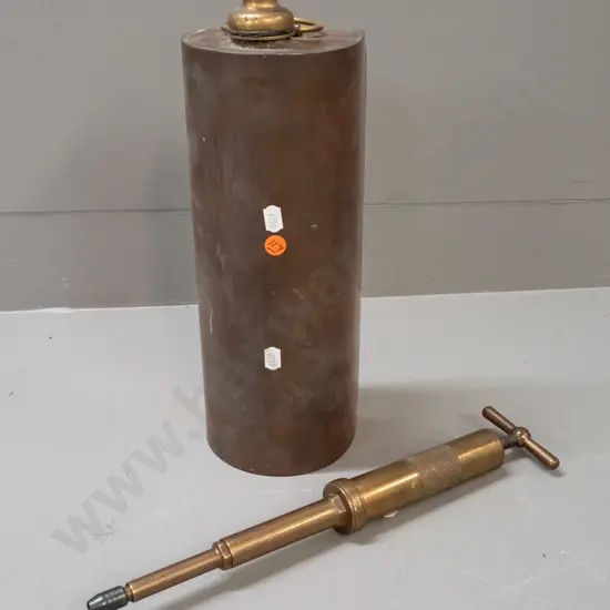 vintage brass Enot's "Autoram" telescoping grease gun and a copper tank with half round profile, brass handle and cap