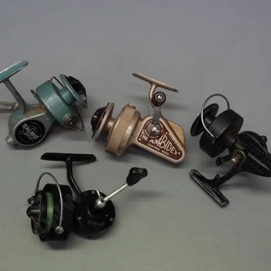 4 fishing spinning reels - Ambidex, Salmo Switzerland, Morritts and Mitchell - overall wear and some damage