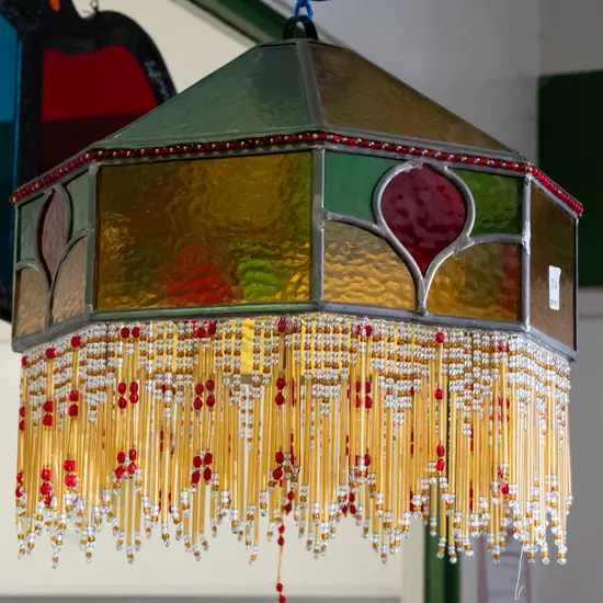 hanging leadlight art nouveau style shade with glass beaded fringe. H-240 (minus fringe) D-340