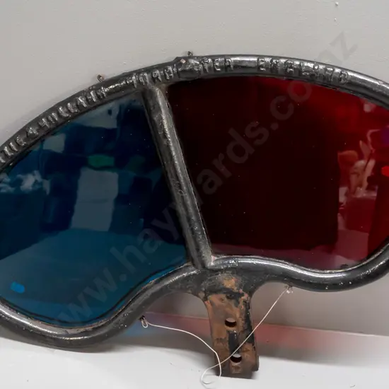 cast metal railway signal "spectacle" marked McKenzie & Holland Worcester England - with blue and red glass panels,