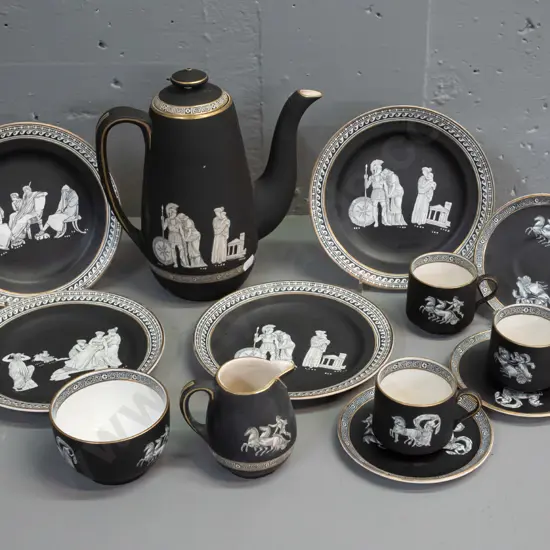 antique Pratt Ware "Old Greek" pattern coffee pot, cream & sugar, 3 cups & saucers, 4 plates - crazing inside, crack to