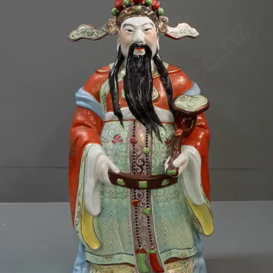 large Chinese hand painted figure with separate loose head-dress pieces, character marks on base H-520 W-260