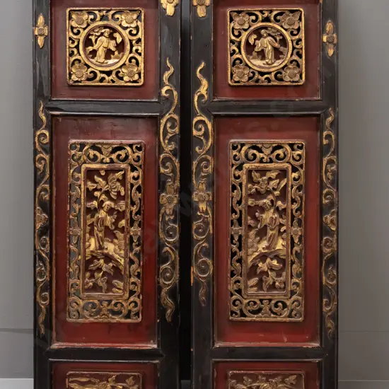 pair of Chinese shutters or panels w/ pierced carved panels, polychrome and gilt finish, new hanging clips have been