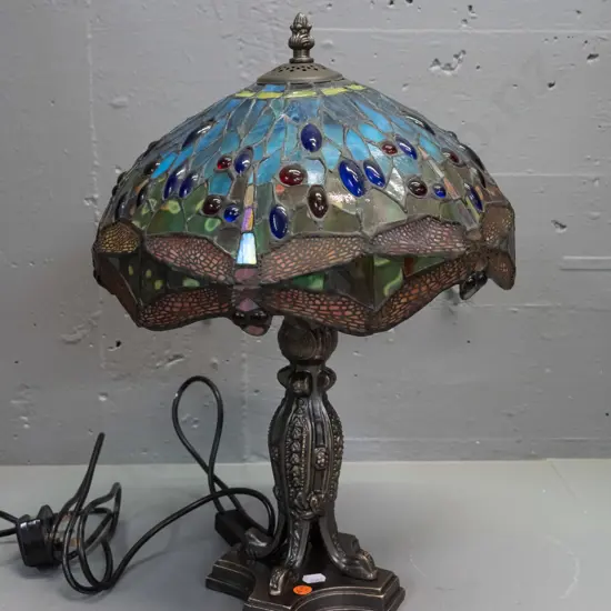 reproduction Tiffany style dragonfly motif leadlight lamp with patinated cast metal base - slight movement to shade