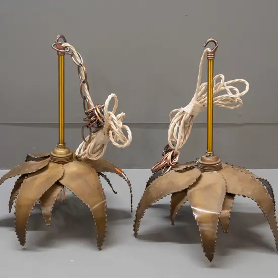 pair of hand made brass leaf-shaped hanging light fittings - some leaves bent, some corrosion to fittings H-320 D-270