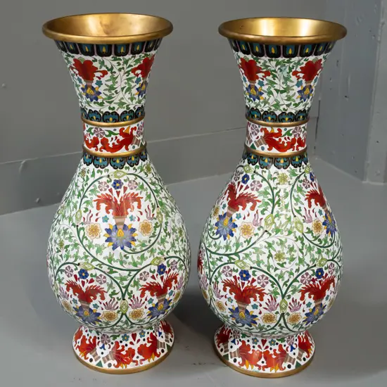 pair of Chinese cloisonne vases - multi colours on white ground over brass H-380 D-150