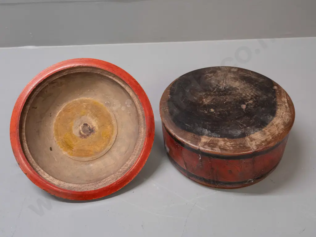 Pakistani "masala box" round painted and engraved timber lidded spice container - some splits & a repair H-190 D-210 Image 1++