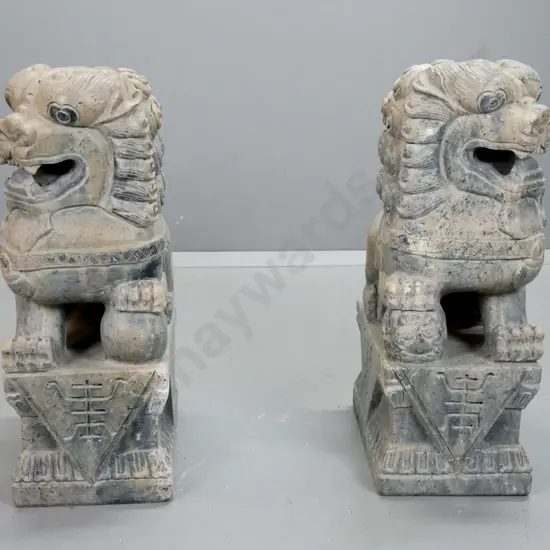 pair of large heavy carved stone Chinese temple foo dogs - some wear and chipping H-670 W-240 D-400