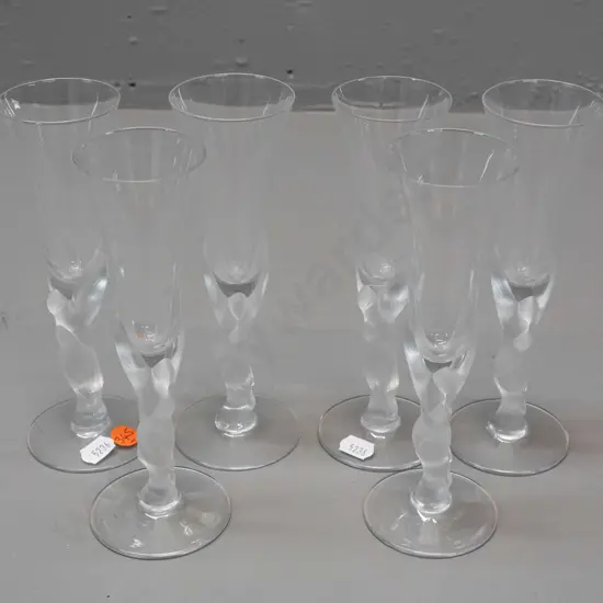 6 champagne flutes with frosted "kissing dove" stems, marked Igor Carl Faberge France H-180