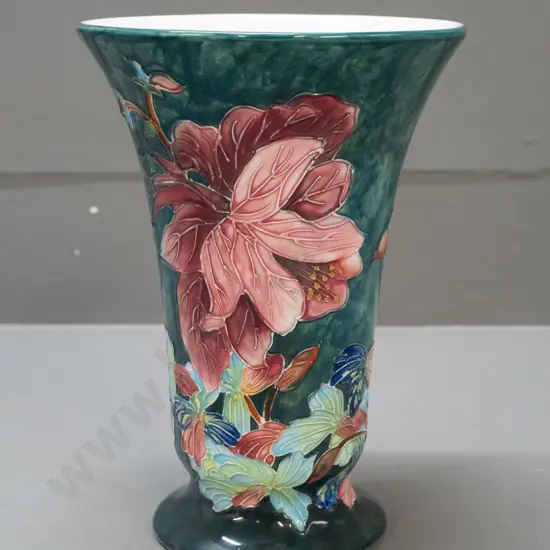 Moorcroft-style Tupton ware tube-lined floral trumpet-shaped vase. Coronet stamp to base. H-220 D-150