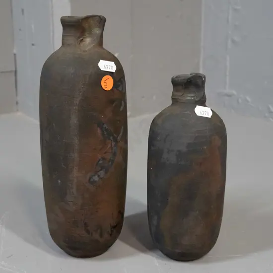 2 studio pottery raku glaze bottle vases with same maker's mark, one with impressed name (Penny Evans?) Smaller one has