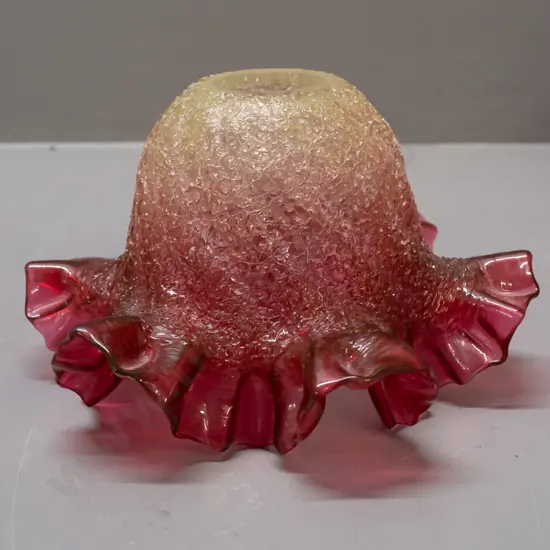 uranium glass light shade, green fading to cranberry frilled edge, rough textured outer surface - bright glow H-90 D-150