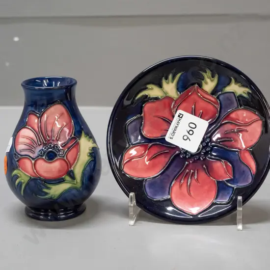 small tube-lined Moorcroft vase and pin dish. Floral decoration. Cobalt blue. Vase H-100