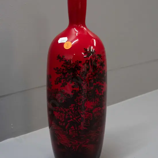 Royal Doulton Flambe woodcut bottle vase - angler with castle. Some minor scratches H-340