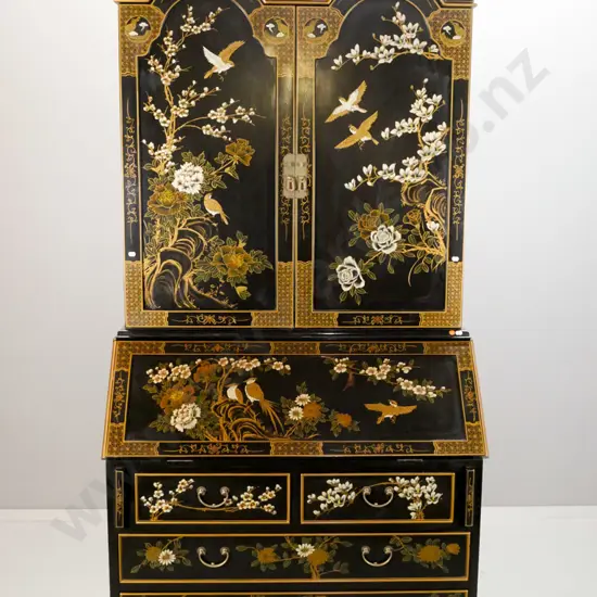 black lacquer asian 2-piece bureau with 2-door cupboard top with swan neck pediment, arched cupboard doors, stepped