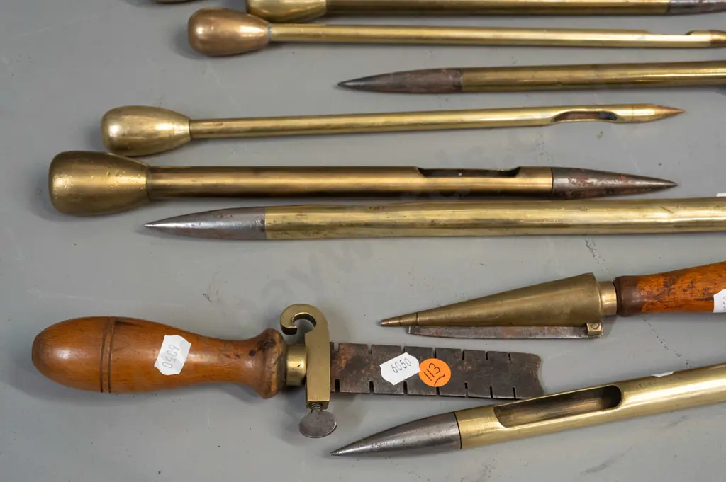 10 assorted tools for making / splicing rope or net, sampling grain or seed from sacks - brass, some steel-tipped, Image 1++