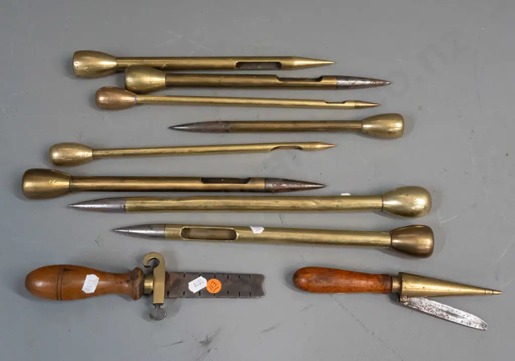 10 assorted tools for making / splicing rope or net, sampling grain or seed from sacks - brass, some steel-tipped, Image 1++