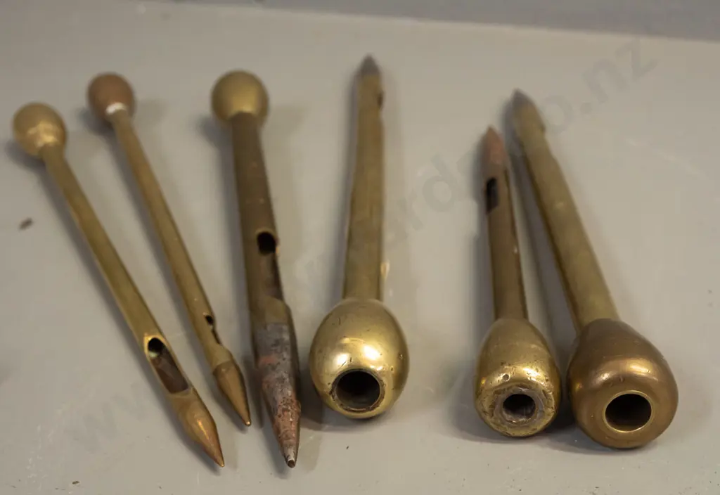 10 assorted tools for making / splicing rope or net, sampling grain or seed from sacks - brass, some steel-tipped, Image 1++