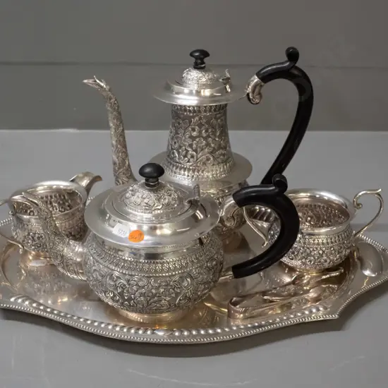 repousse silver tea & coffee set with tray with bakelite or composite handles - tray has Indian label, stamped "Silver"