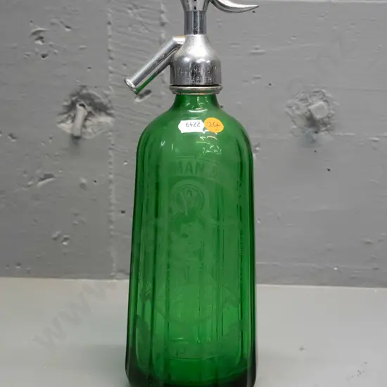 green fluted glass soda syphon marked Plowman & Son Napier - cap marked Plowman 1944 Ltd Napier H-320