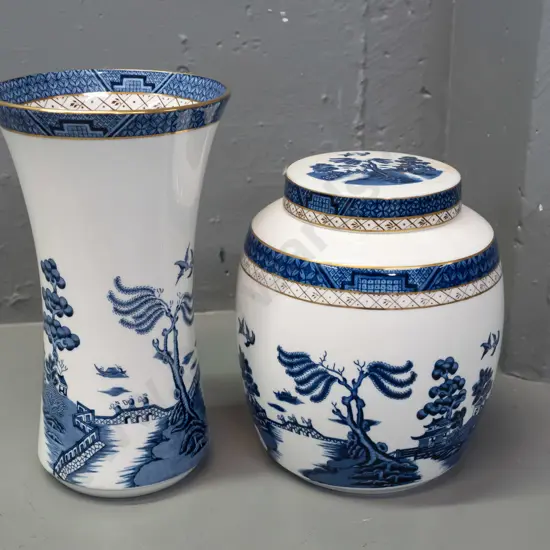 2 pieces of Royal Doulton Booth's Real Old Willow gilt, blue & white - lidded canister with tape residue on lid and a