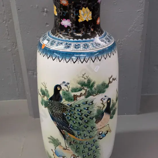 large Chinese vase with peacock, peony and birds with raised gold enamel decoration H-610 D-220